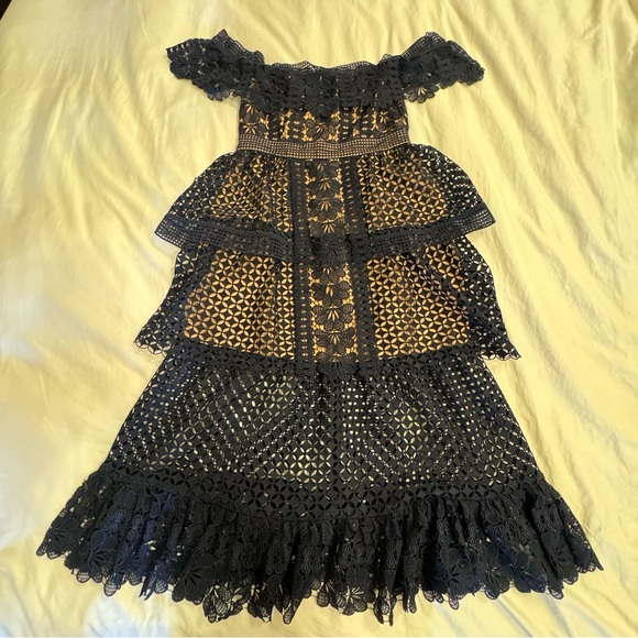 NWT Self-Portrait Navy Guipure Lace Maxi Dress - Size: 10 US - Picture 1 of 12